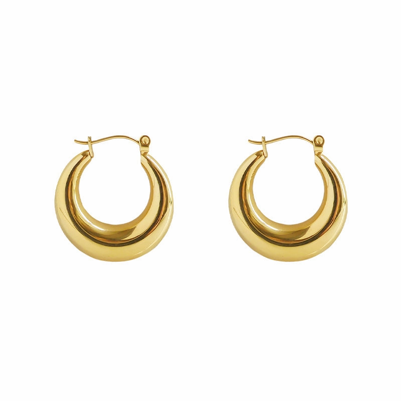 Greta 18K Gold Plated Minimalist Oval Hoops | Minimalist Crescent Earrings, Chubby Round Latch Back Earrings,Chunky Gold Round Hoop Earrings Radiant Accent Lustrous Highlight