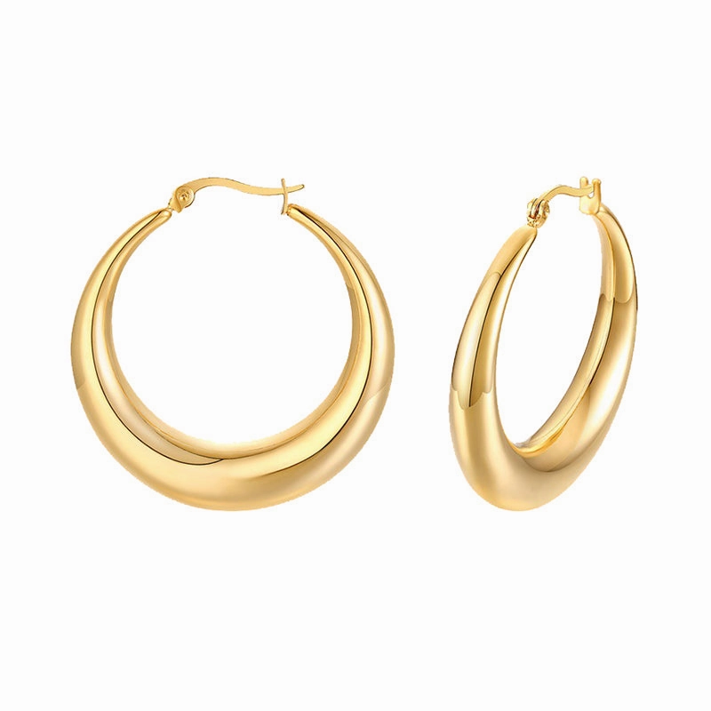 Fashion Glow Luxurious Style Greta 18K Gold Plated Minimalist Oval Hoops | Minimalist Crescent Earrings, Chubby Round Latch Back Earrings,Chunky Gold Round Hoop Earrings