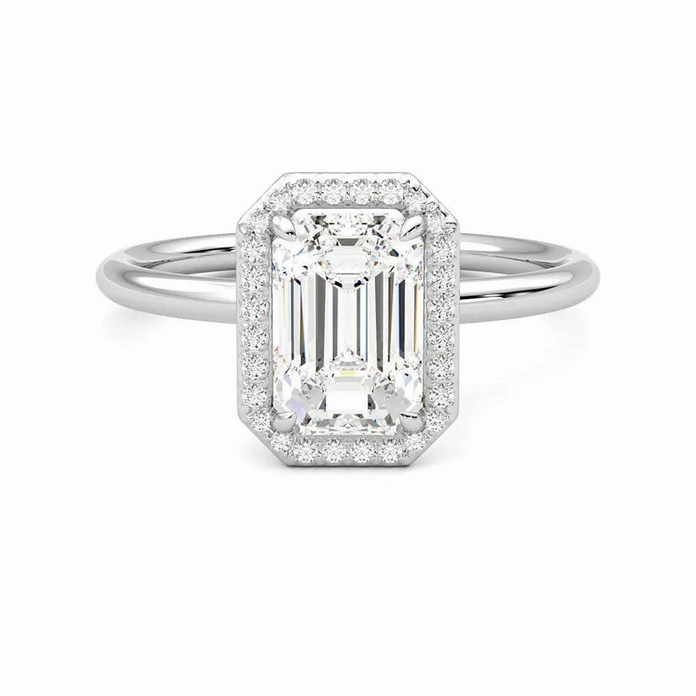 Minimal Radiance Halo Emerald Cut Moissanite Engagement Ring with Hidden Anniversary Stone Accent