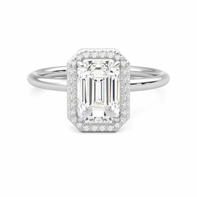 Halo Emerald Cut Moissanite Engagement Ring with Hidden Anniversary Stone Accent soft look