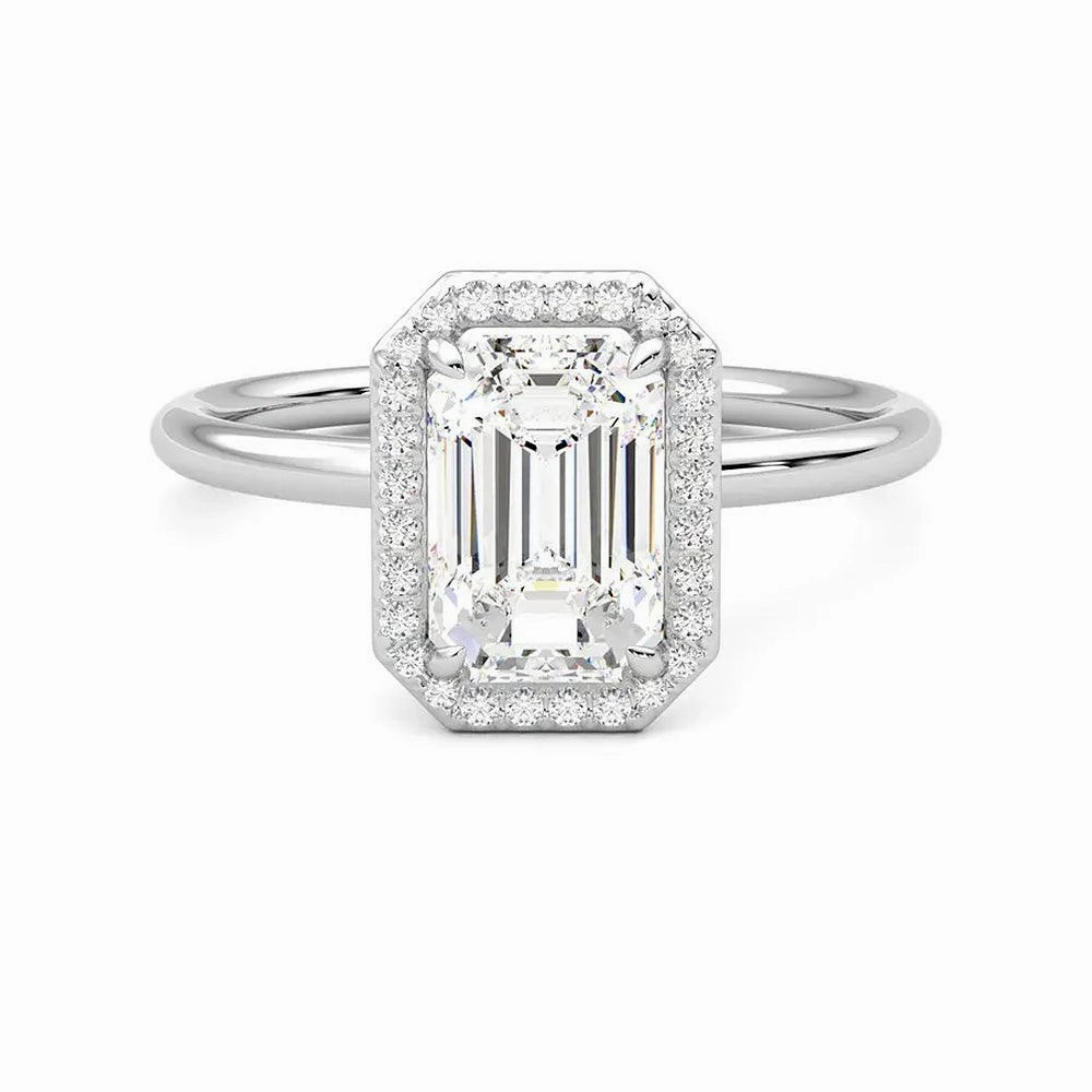 Halo Emerald Cut Moissanite Engagement Ring with Hidden Anniversary Stone Accent Bold Appeal