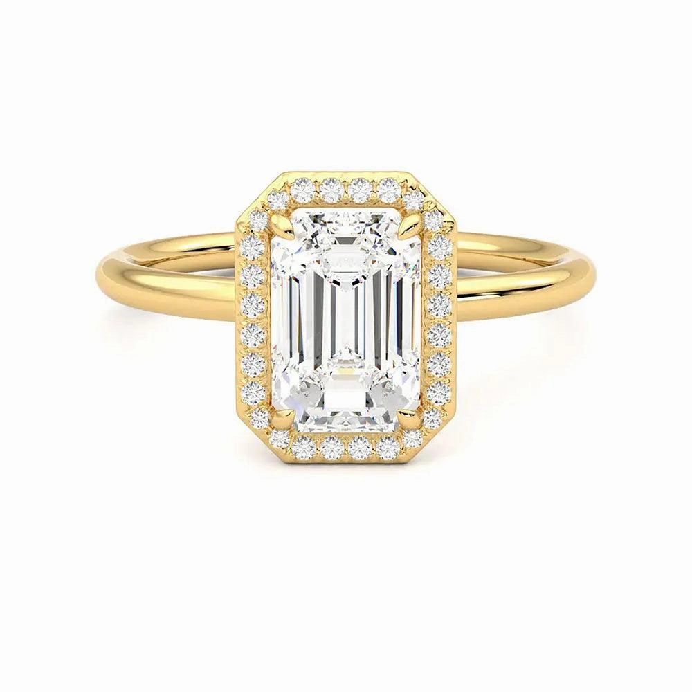 Expressive Highlight Elegant Pair Halo Emerald Cut Moissanite Engagement Ring with Hidden Anniversary Stone Accent