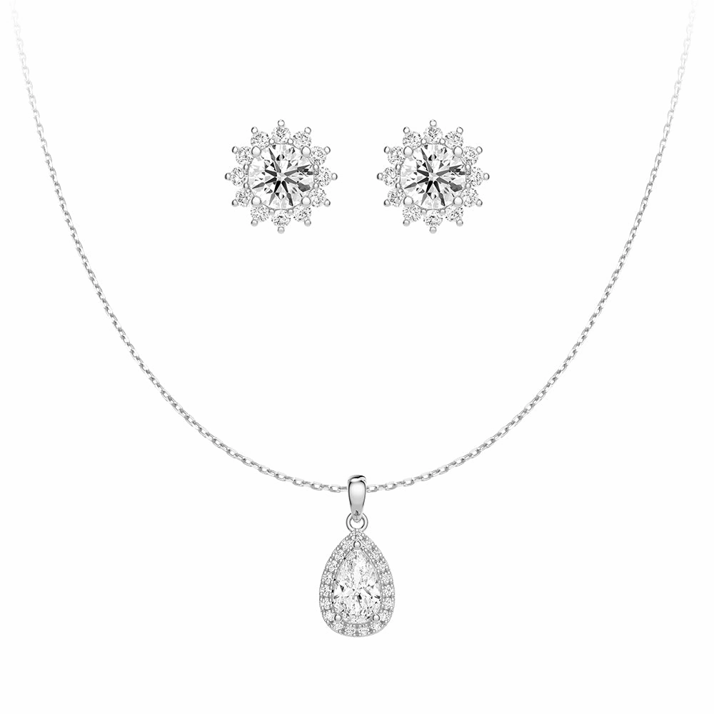 Halo Pear Moissanite Pendant Necklace And Sunflower Round Moissanite Stud Earrings Occasion Perfect