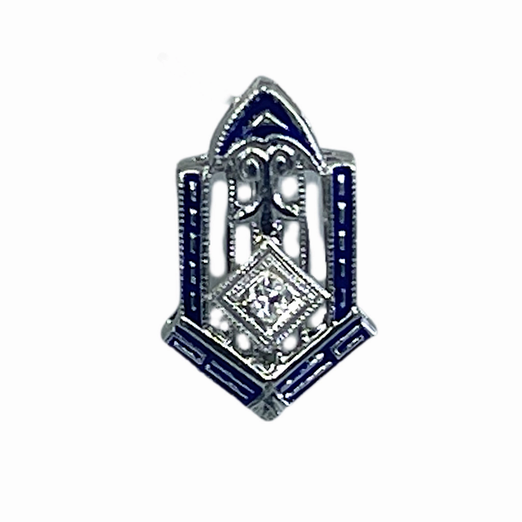 everyday elegance Antique Diamond and Enamel Pendant in a 14k White Gold Art Deco Setting. April Birthstone.