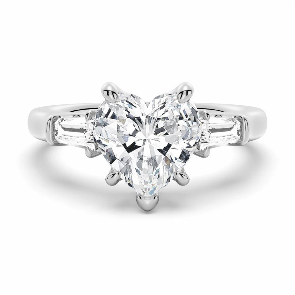 Chic Evening Heart Shaped Moissanite Engagement Ring with Tapered Baguette Side Stones