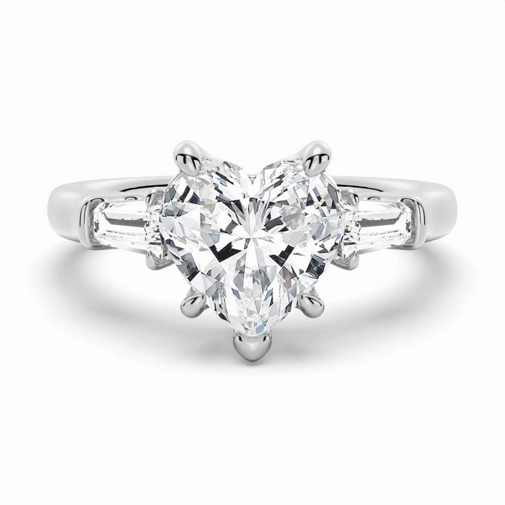 Layered Touch Heart Shaped Moissanite Engagement Ring with Tapered Baguette Side Stones