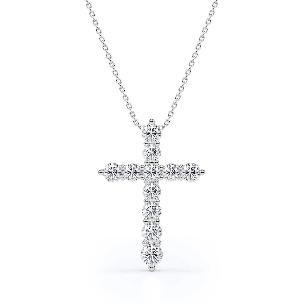 Shared-Prong 0.10 TCW Round Shape Moissanite Pave Style Cross Pendant Necklace in 18K White Gold Plating over Silver Travel Gift Value Present