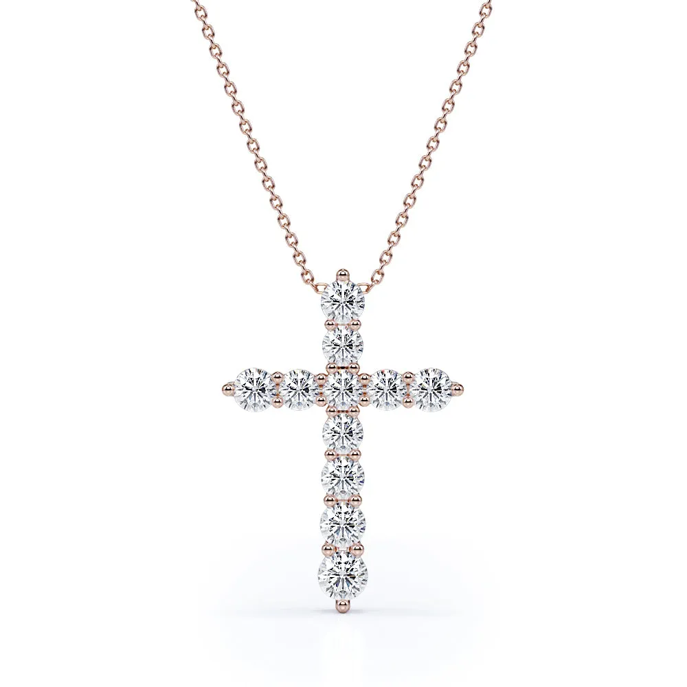 Shared-Prong 0.10 TCW Round Shape Moissanite Pave Style Cross Pendant Necklace in 18K White Gold Plating over Silver Superior Style Artistic Spirit