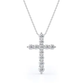 Shared-Prong 0.10 TCW Round Shape Moissanite Pave Style Cross Pendant Necklace in 18K White Gold Plating over Silver Chic Accent