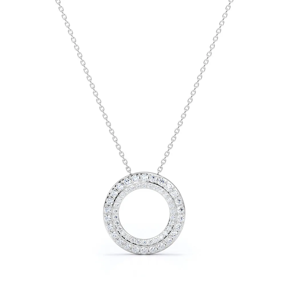 Pave 0.50 Carat Round Cut Moissanite Double Circle Pendant Necklace In White Gold Ornamental Adornment