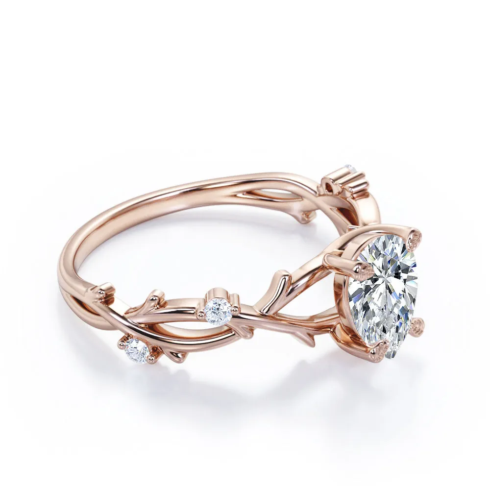 Nature Inspired 0.55 Carat Pear Moissanite Twisted Engagement Ring Understated Elegance Bright Reflection