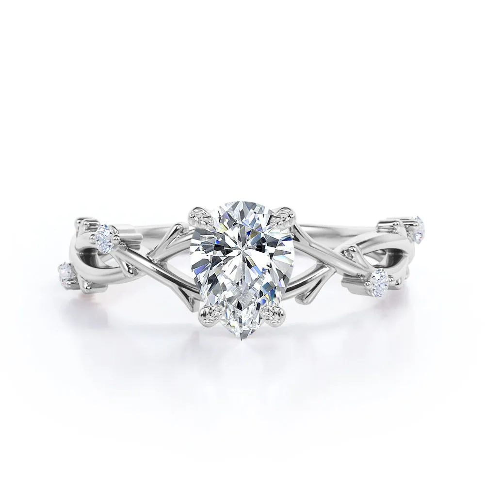 Luxury Shine Layered Look Nature Inspired 0.55 Carat Pear Moissanite Twisted Engagement Ring