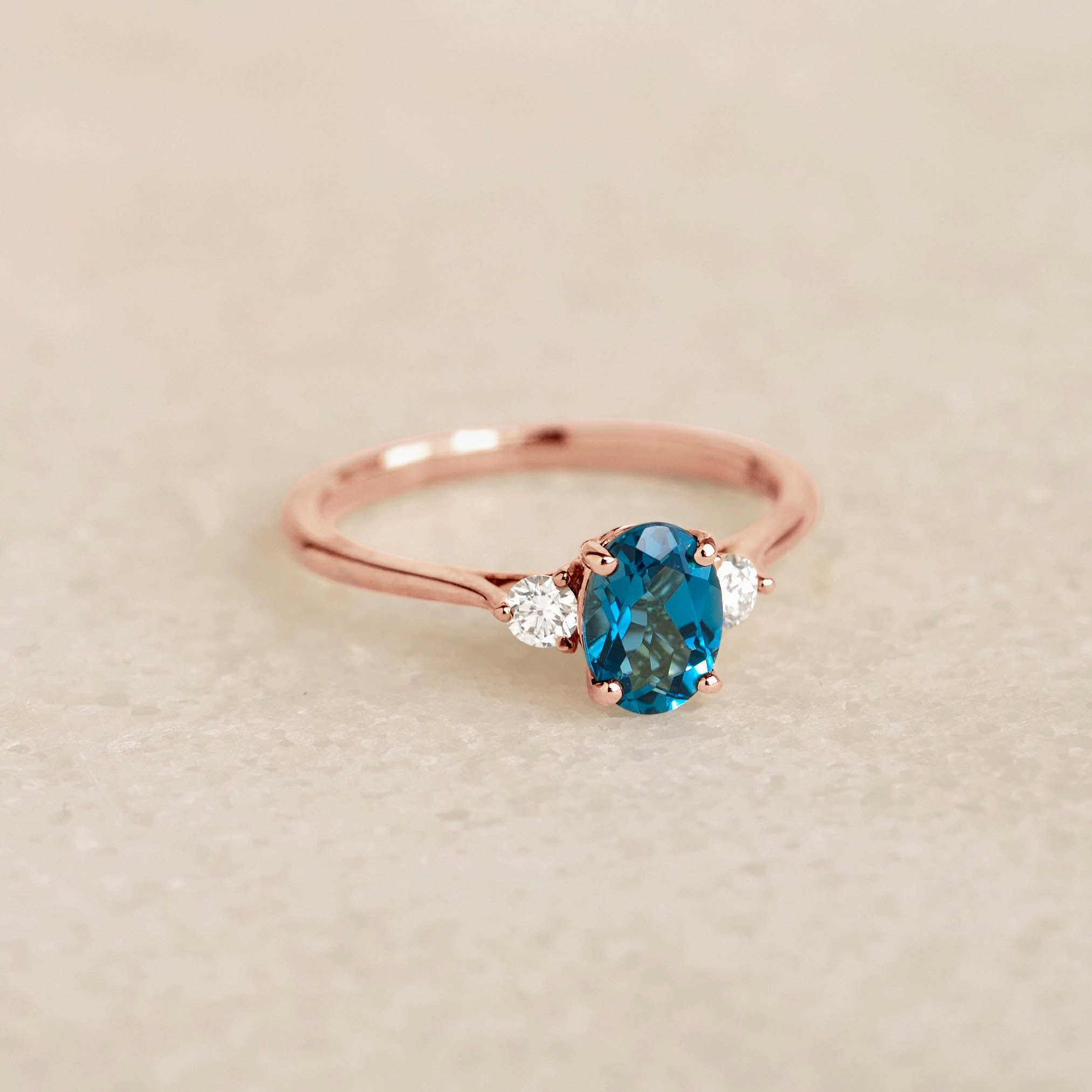 Lustrous Feature Artful Detail London Blue Topaz and Diamond Ring Rose Gold - Kindra