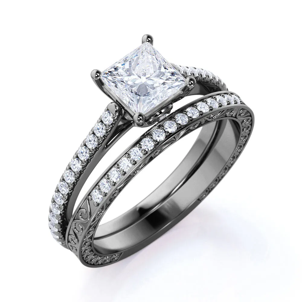 Subtle Glamour Vintage 1.25 ct Princess Cut Moissanite Filigree Bridal Set