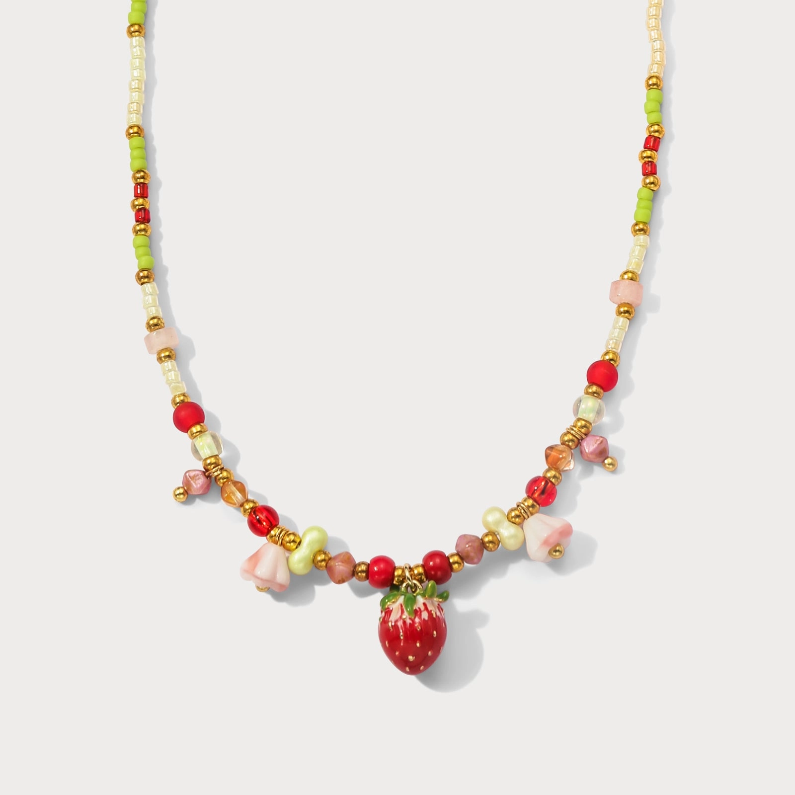 Czech Bead Strawberry Charm Necklace Vintage Style