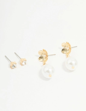 Urban Pop Gold Pearl Flower & Diamante Stud Earrings 2-Pack