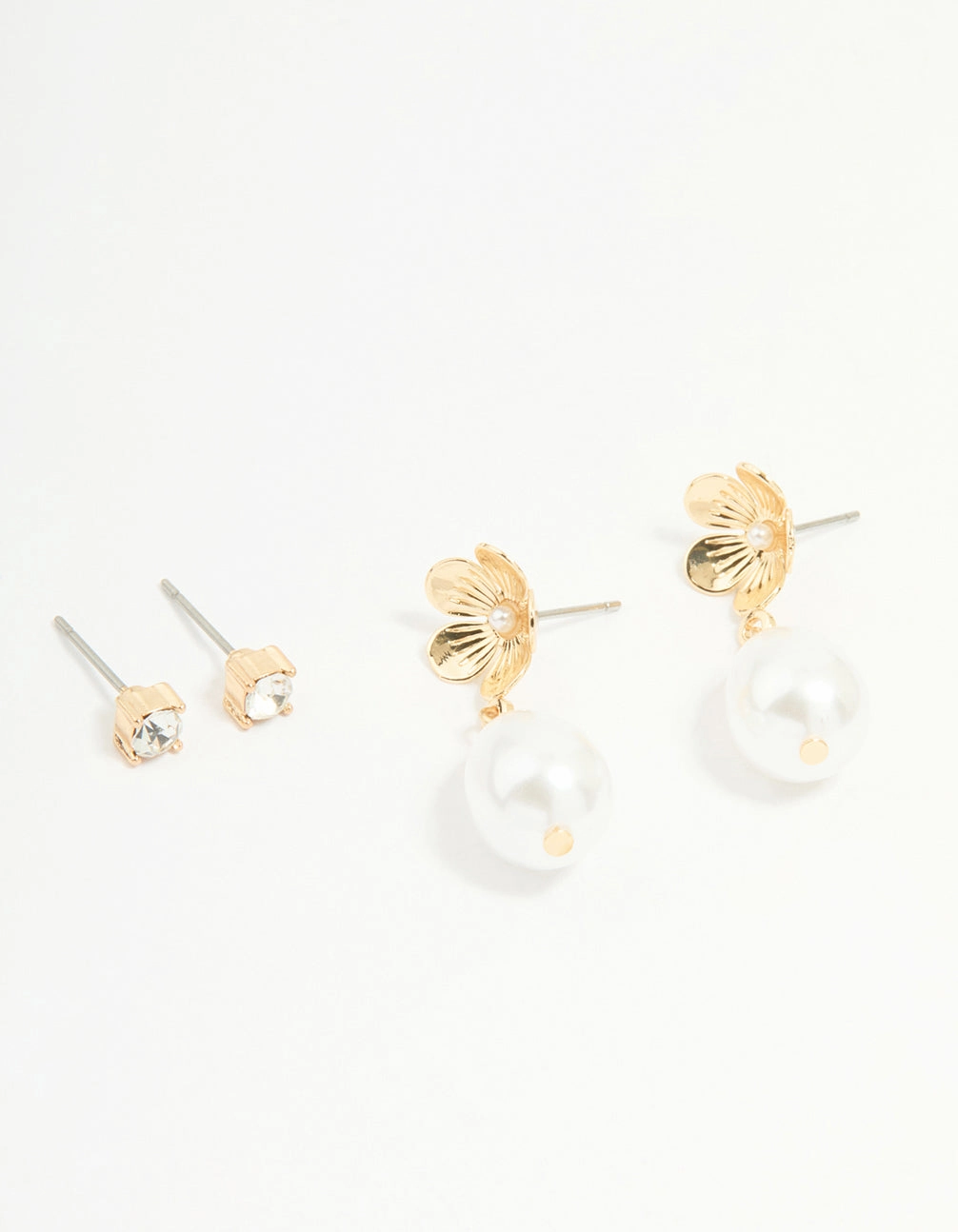 Urban Pop Gold Pearl Flower & Diamante Stud Earrings 2-Pack