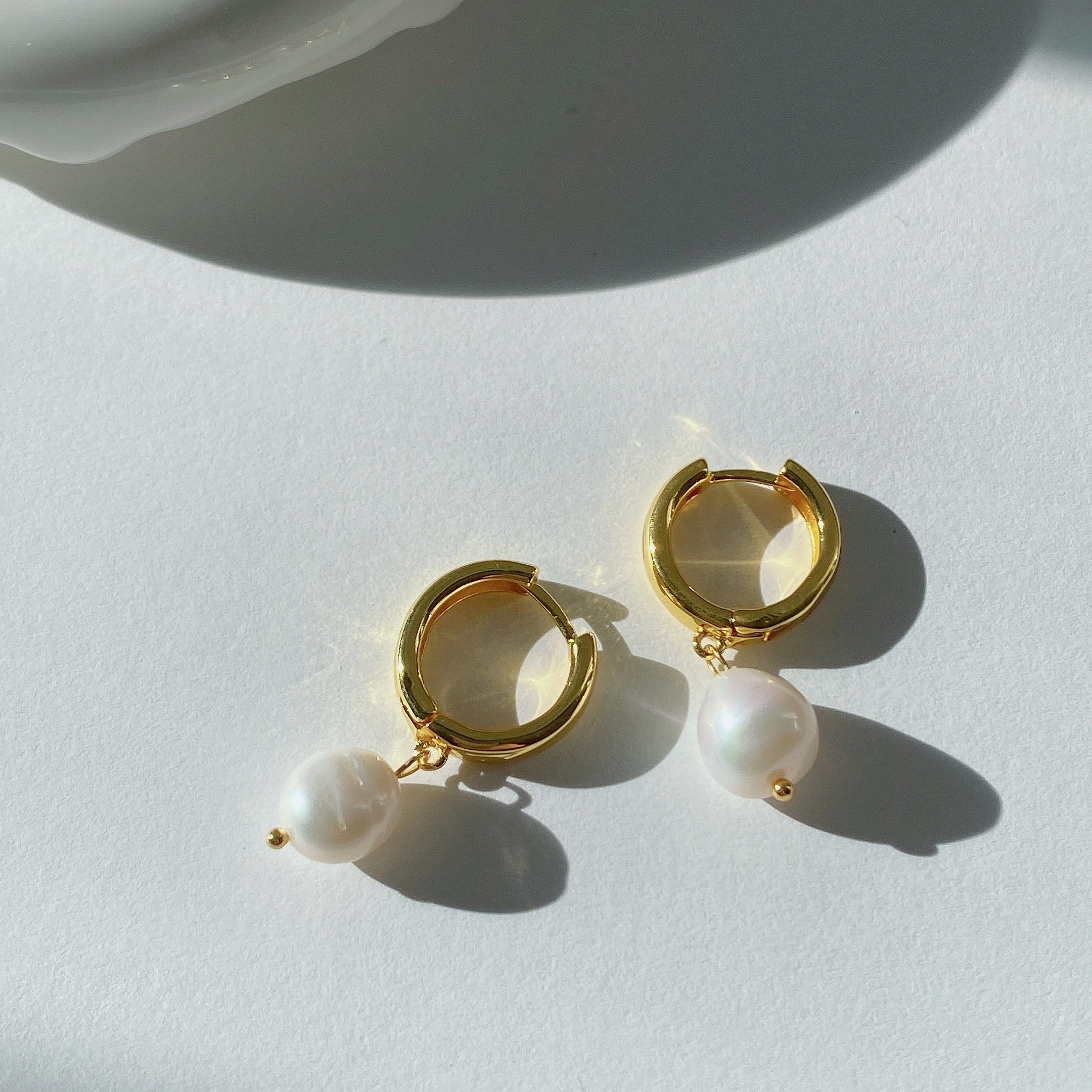 Brilliant Edge Handmade Craft Liana Freshwater Pearl Huggie Hoops 18K Gold