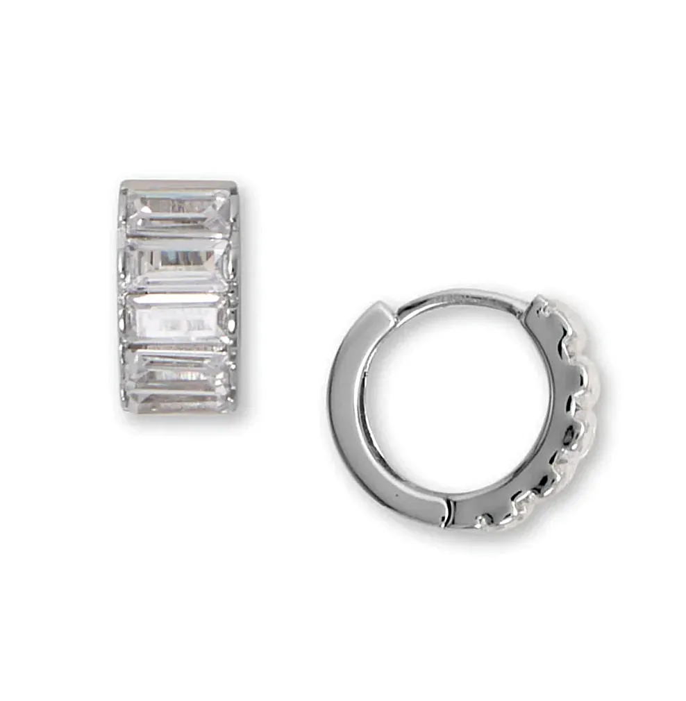Hoop Earrings Mens Womens with Baguette Cubic Zirconia Huggy Huggie Rhodium on Sterling Silver Brunch Look