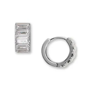 Hoop Earrings Mens Womens with Baguette Cubic Zirconia Huggy Huggie Rhodium on Sterling Silver Brunch Look