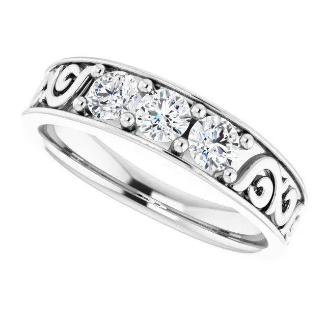 14K White 3/4 CTW Diamond Three-Stone Scroll Ring Minimal Flow