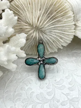 Dainty Accent Timeless Gift Flower Shaped Soldered Amazonite Stone Pendants, Flower Shape Stone Pendants with Gunmetal Soldering, All Unique Natural Stones, Fast Ship.