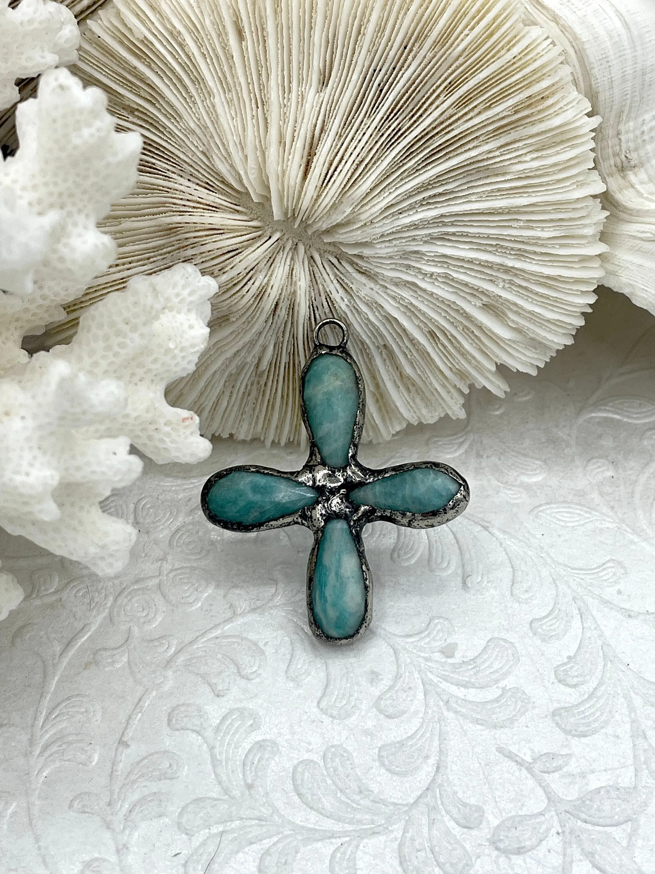 Dainty Accent Timeless Gift Flower Shaped Soldered Amazonite Stone Pendants, Flower Shape Stone Pendants with Gunmetal Soldering, All Unique Natural Stones, Fast Ship.