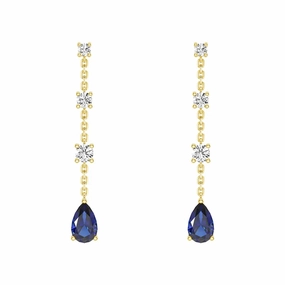 Elegant Tiered Diamond Stud Earrings with Trembling Lab Sapphire Drop Shimmer Light Artful Sparkle