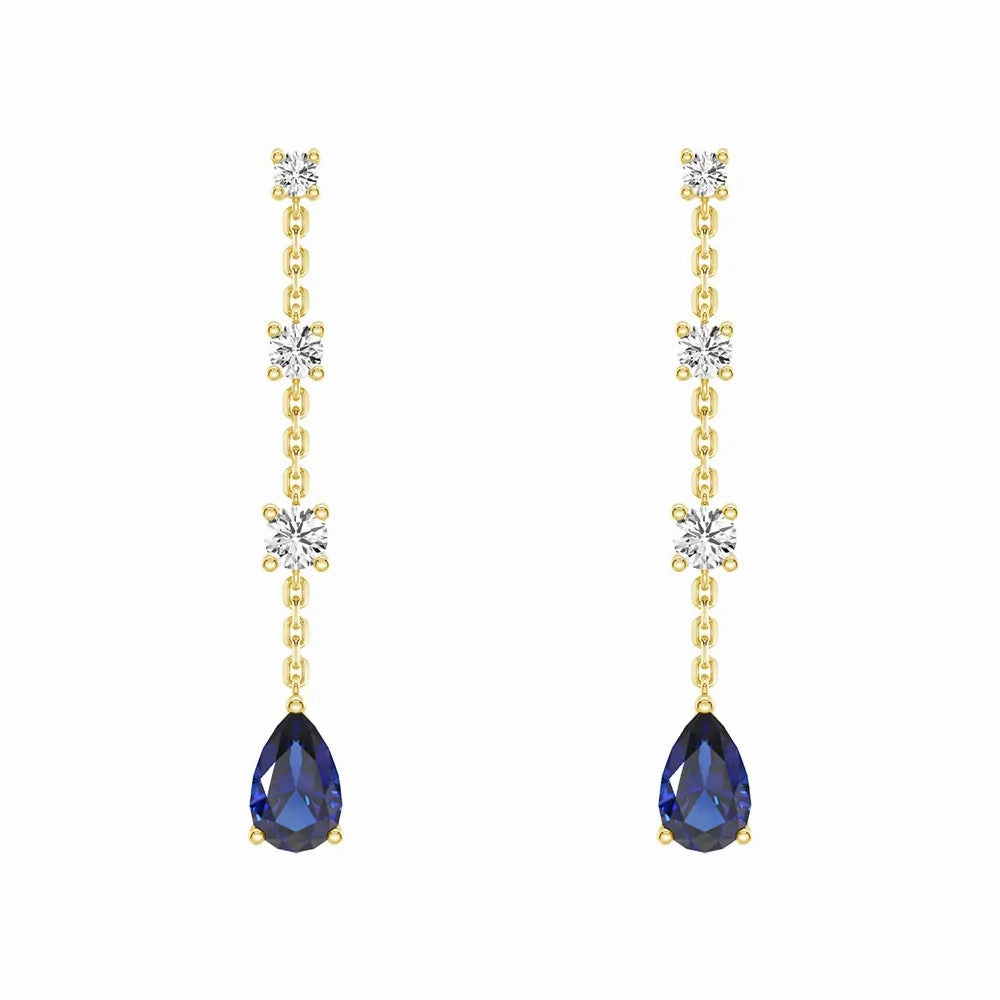 Delicate Mood Elegant Tiered Diamond Stud Earrings with Trembling Lab Sapphire Drop