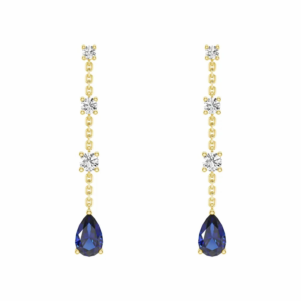 Elegant Tiered Diamond Stud Earrings with Trembling Lab Sapphire Drop Shimmer Light Artful Sparkle