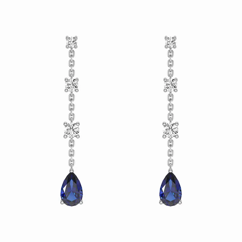 Comfort Fit Fashion Layer Elegant Tiered Diamond Stud Earrings with Trembling Lab Sapphire Drop