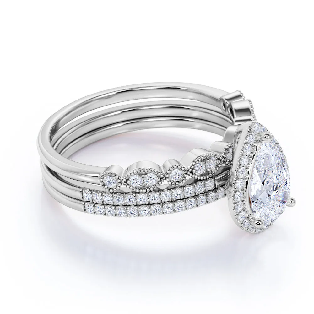 Pave 2 Carat Pear Cut Moissanite Halo Trio Set Artistic Touch