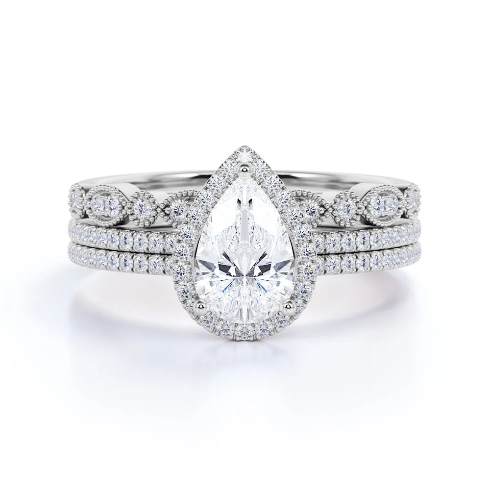 Pave 2 Carat Pear Cut Moissanite Halo Trio Set Occasion Accent