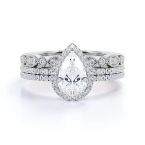 Pave 2 Carat Pear Cut Moissanite Halo Trio Set Occasion Accent