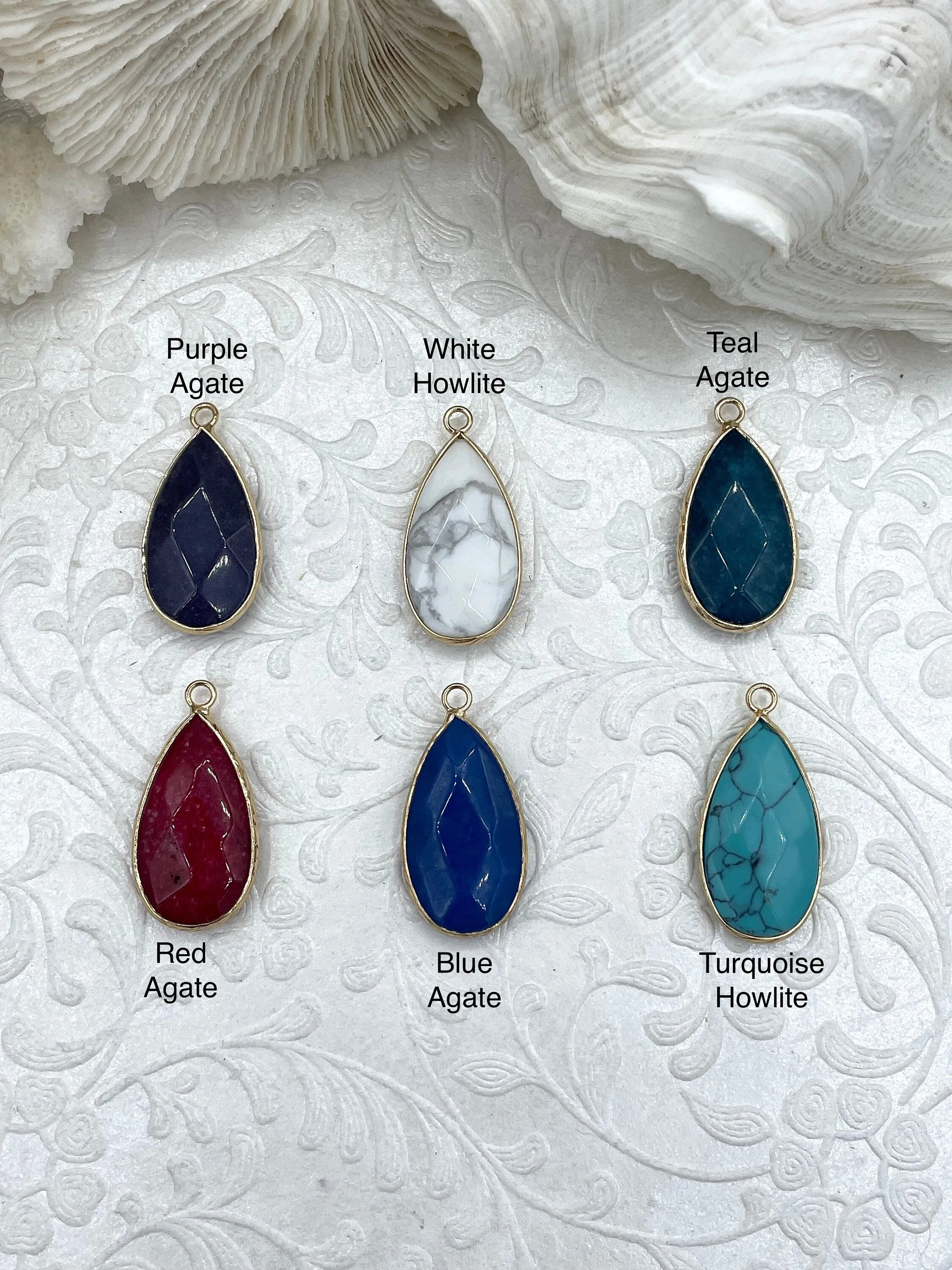 Natural Agate or Howlite Stone Teardrop Pendants with Wrapped Gold Bezels, Gold plated Brass Bezel, 6 Styles to choose from, Fast Ship Family Gathering Piece Stylish Item