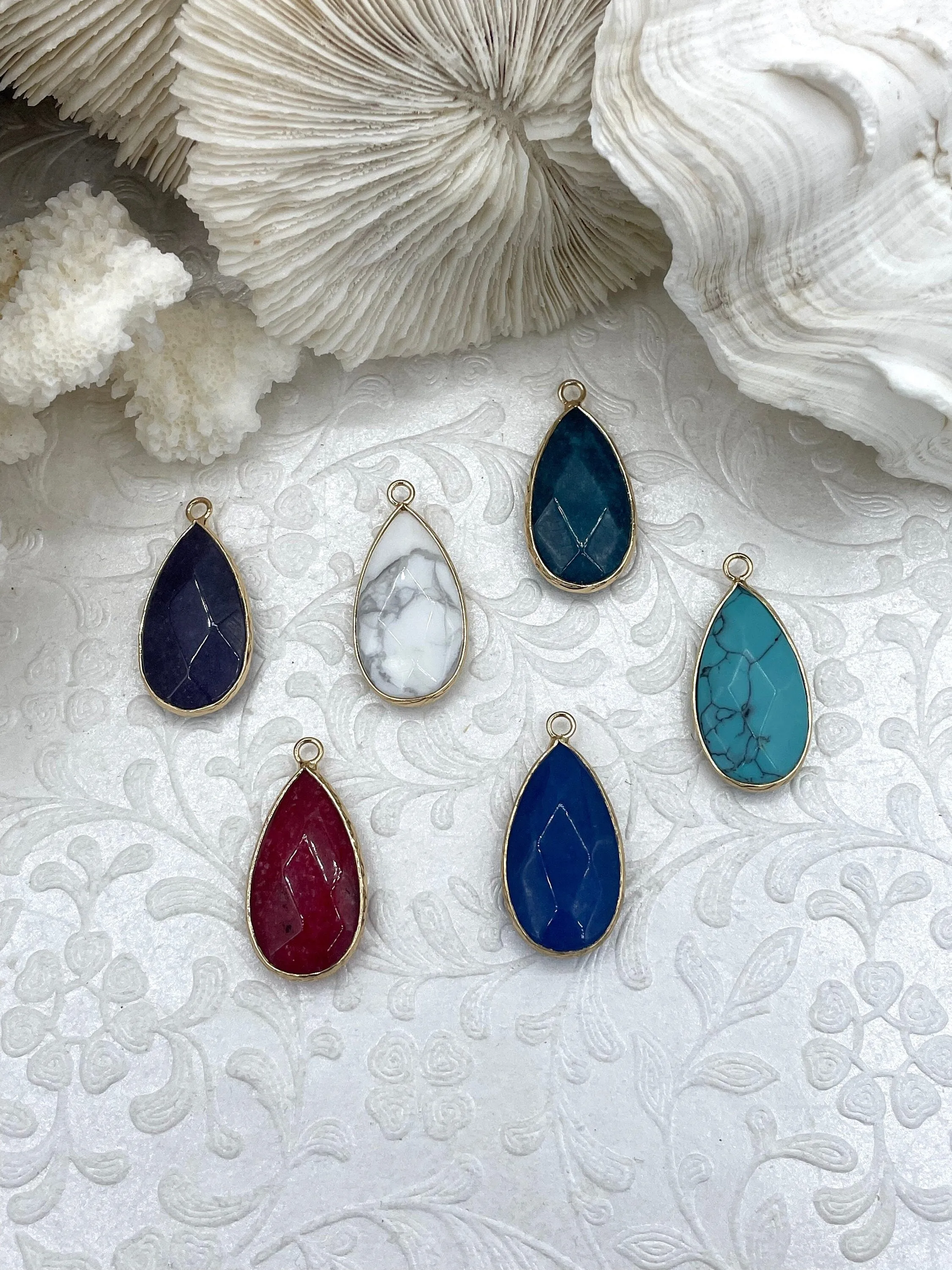 Natural Agate or Howlite Stone Teardrop Pendants with Wrapped Gold Bezels, Gold plated Brass Bezel, 6 Styles to choose from, Fast Ship Meaningful Jewelry Minimal Style