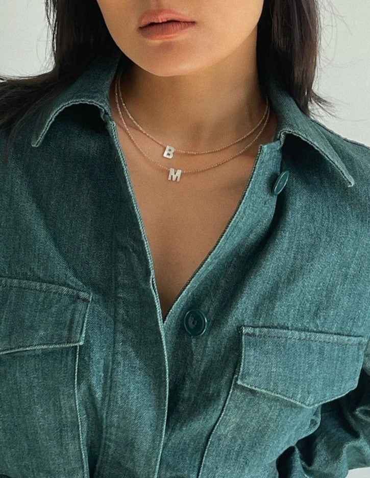 Engagement Accent Italian Natural Shell Initial Necklace  | Earth Tone Shimmering Letter Choker