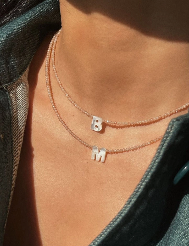 Italian Natural Shell Initial Necklace  | Earth Tone Shimmering Letter Choker Styled Accent Personalized Craft