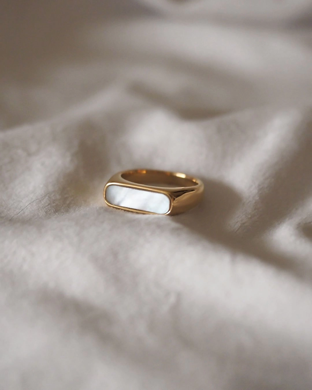 Jeanne Agate & Mother of Pearl 18K Petite Signet Ring | Slim Band Signet Ring Slim Band Signet Ring Refined Element Studio Light