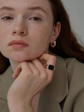 Jeanne Black Agate S925 Silver Ring - 17mm Silky texture Delicate Shine