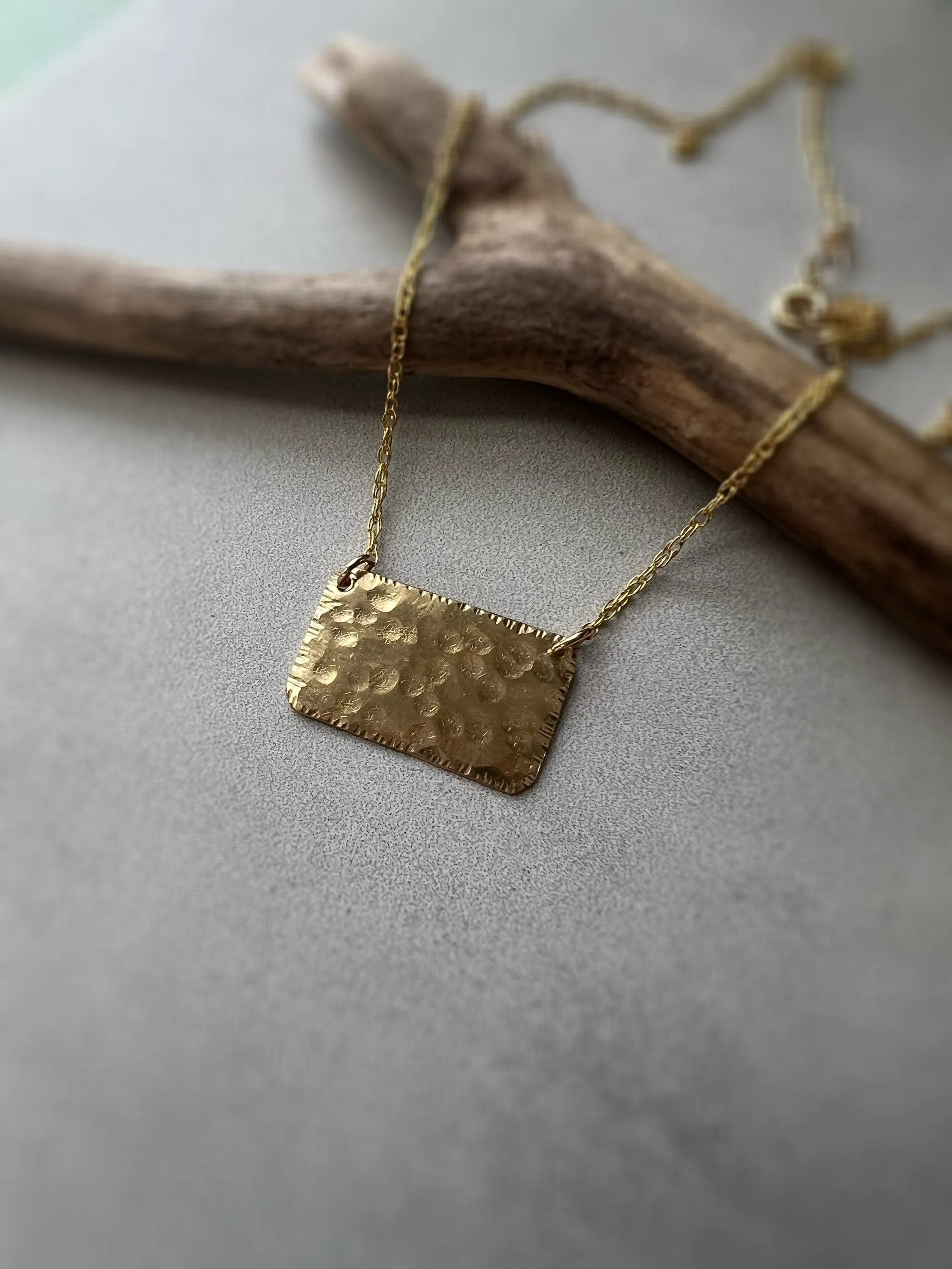 Creative Edge Memento Adornment Jess Rectangle Gold Charm Necklace, Gold Layering Necklace, Hammered Statement Necklace, Layering Necklace