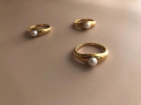 Celebration Look Gleaming Gem Just a Pearl Gold Ring | Minimalist Pearl Ring, Shell Pearl Stacking Ring, Retro Gold Pearl Ring, Vintage Style Pearl Ring, One Pearl Ring