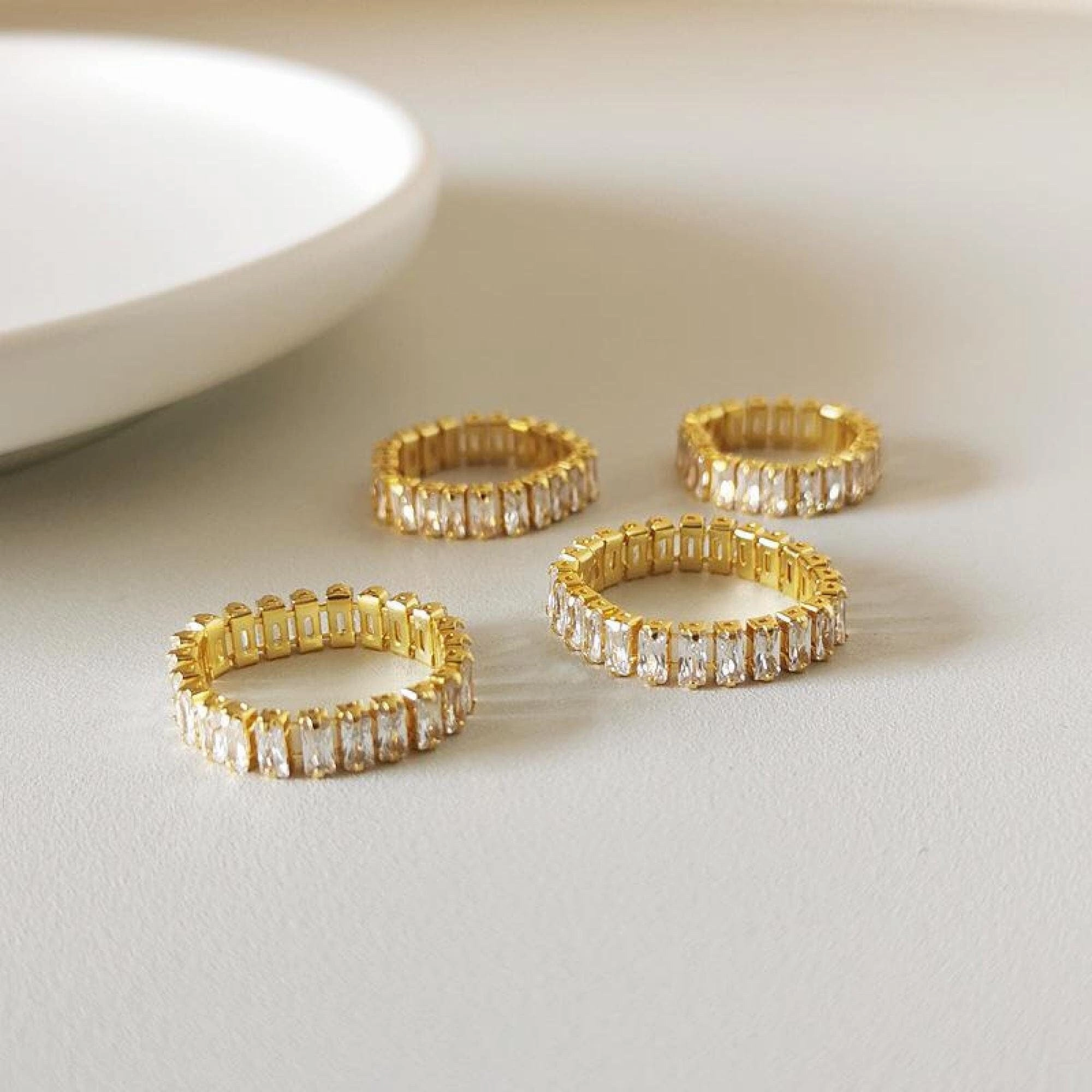 Kelia 18K CZ Full Ring 18K Gold One/Two Row Diamond Ring | Gold Flexi Ring, Slim Band Ring, Micro Pave Stackable CZs Eternity Ring, Large Rhinestones Color Accent