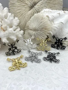 Creative Item Summer Fun Keys De Fleur Pendants, 31mm x 33mm, High Quality, Plated Zinc Alloy Fleur De Lis Key Charms, 7 Finishes, Fast Ship.