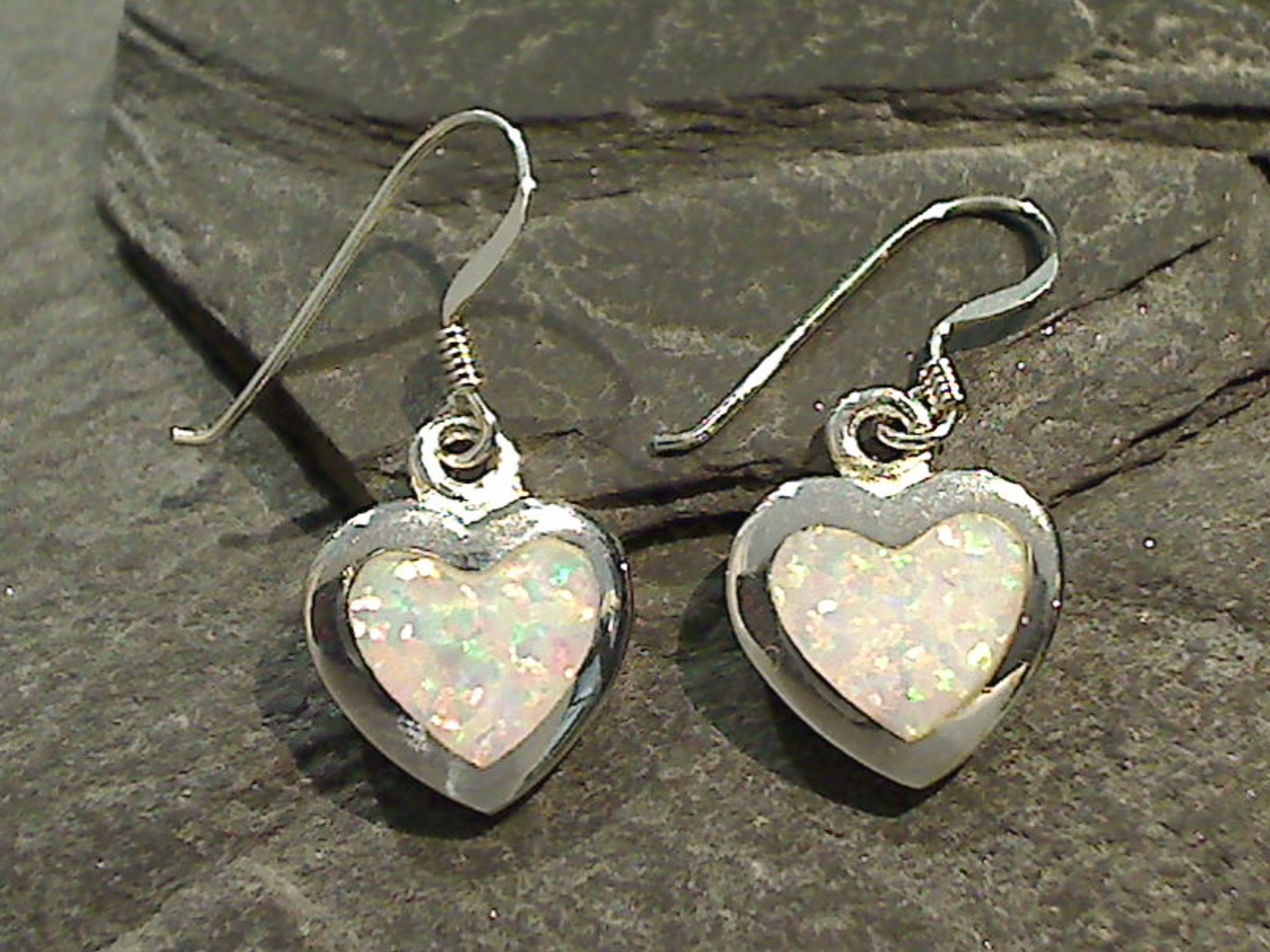 Dainty Item Lab Created Opal, Sterling Silver Heart Earrings