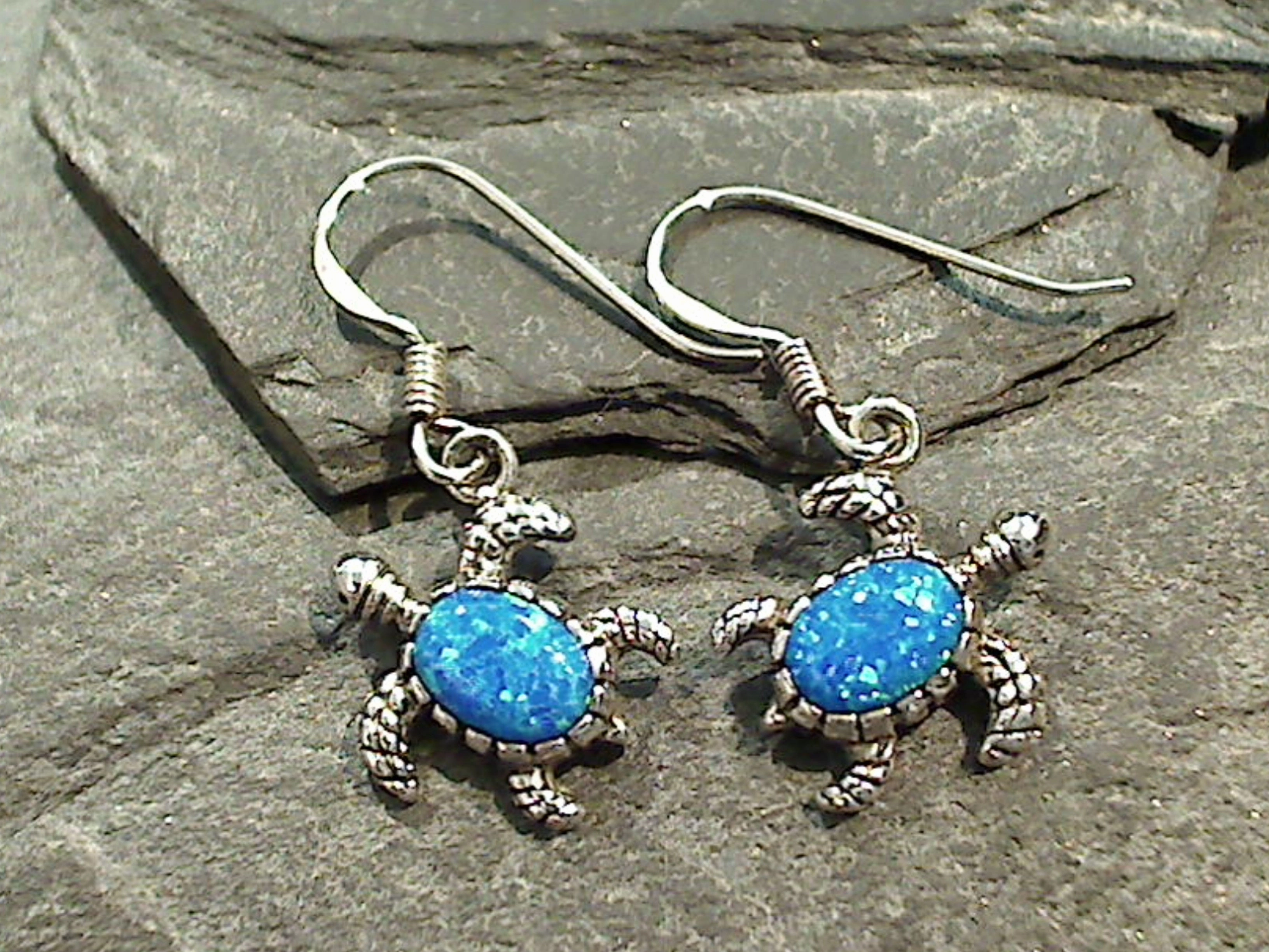 Lab Created Opal, Sterling Silver Sea Turtle Earrings Elegant Embellishment