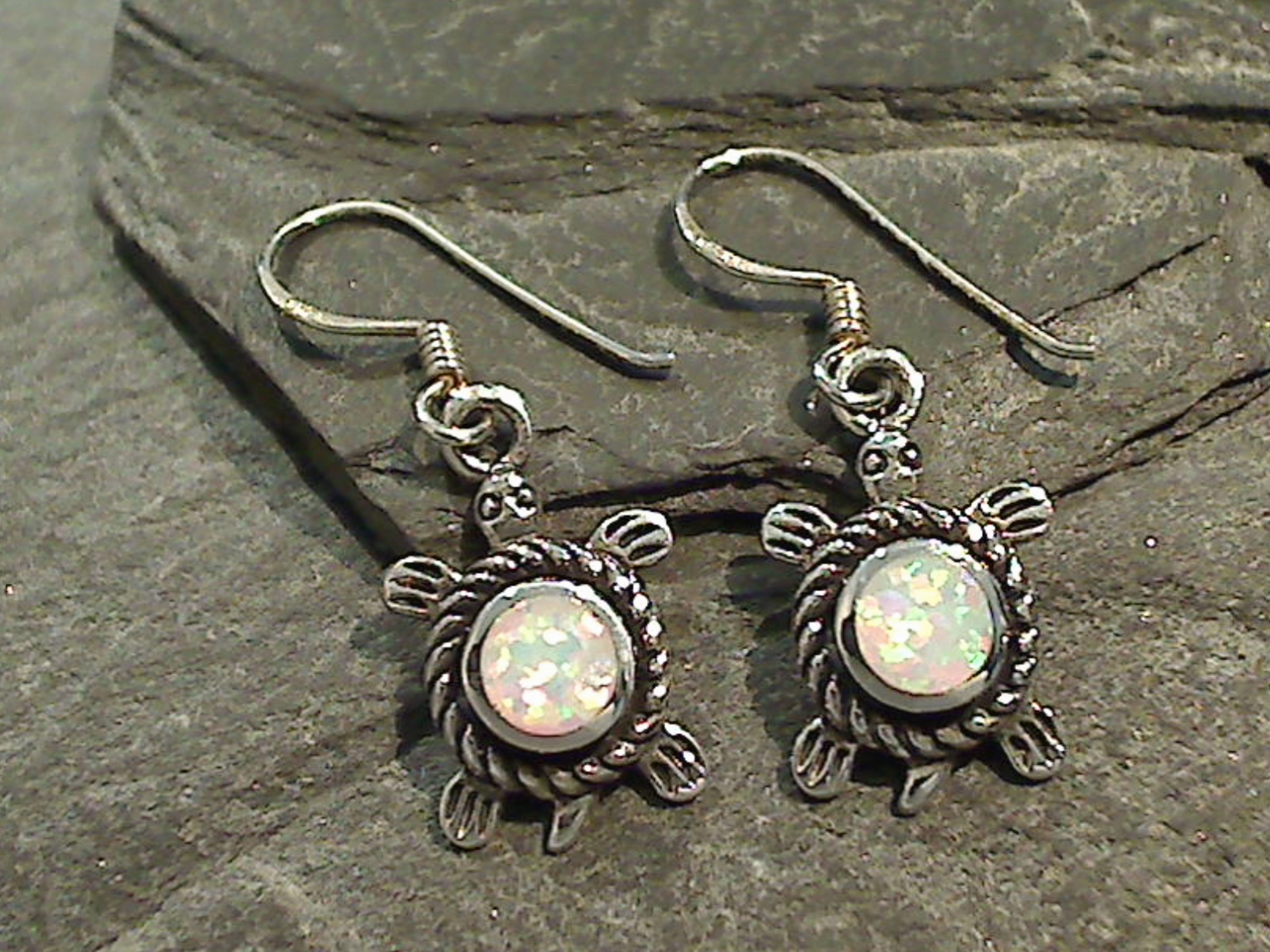 Lab Created Opal, Sterling Silver Turtle Earrings Sparkling Vibe Straight Decoration