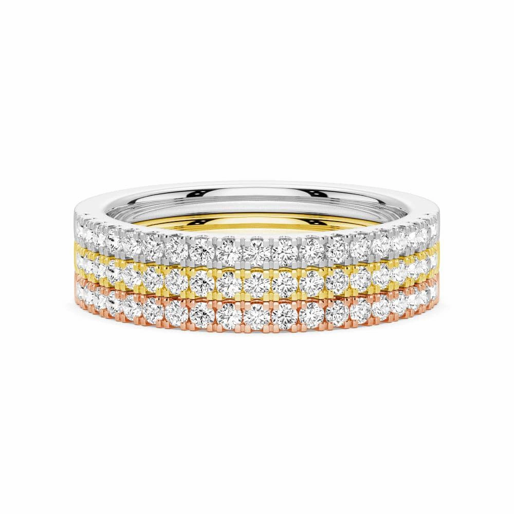 Lab Grown Diamond Tri color Set of Three Stackable Bands Feminine Finish Distinctive Style Pieces