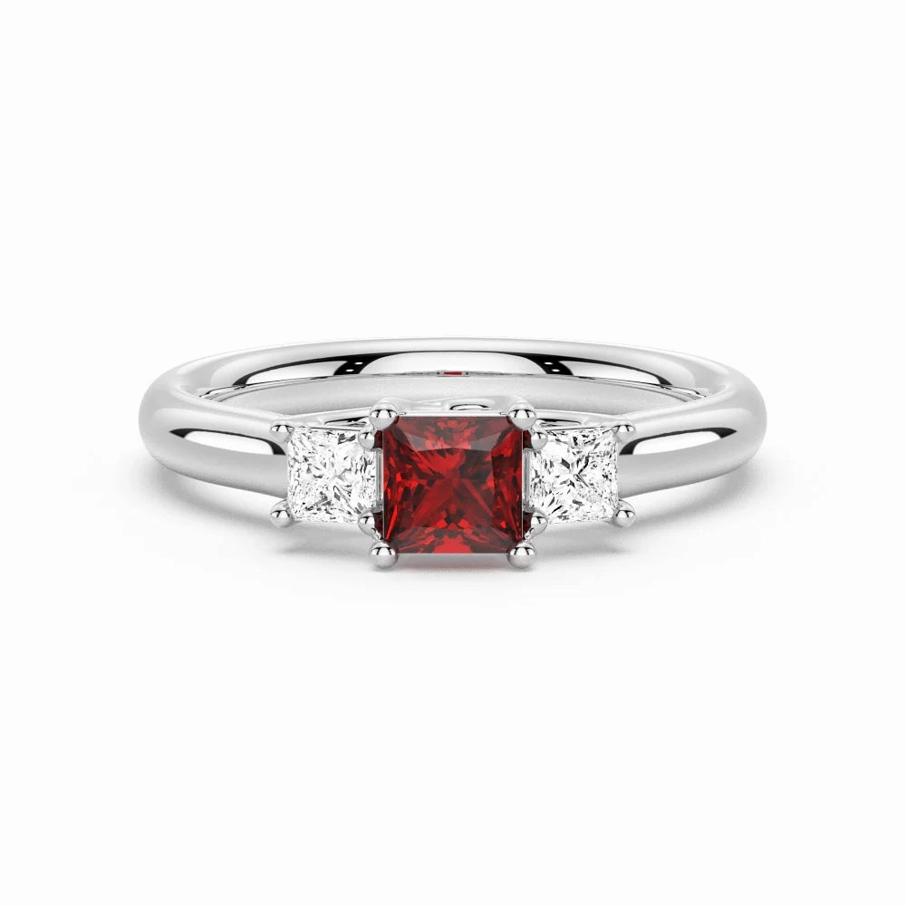 Lab Grown Ruby and Princess Cut Diamond Three Stone Ring Timeless Impression Anniversary Surprise