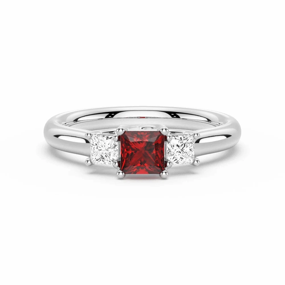 Lab Grown Ruby and Princess Cut Diamond Three Stone Ring Office Chic
